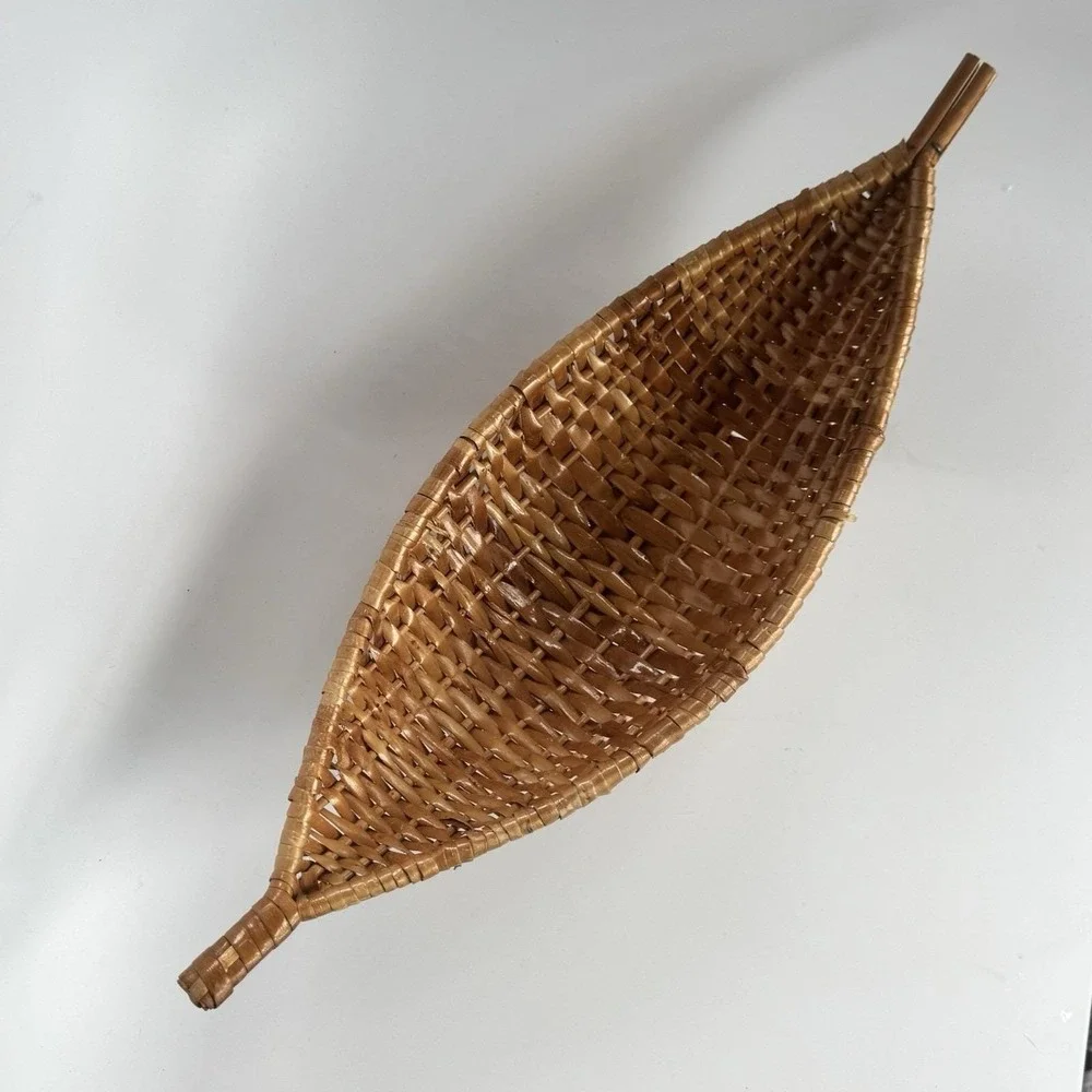 Vtg MCM Woven Basket Gondola Pea Pod Basket Footed Wicker Madeira Signed Boho